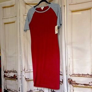 Lularoe Julia dress.  37”shoulder to hem.17”pit to pit bust. blue gray sleeves.